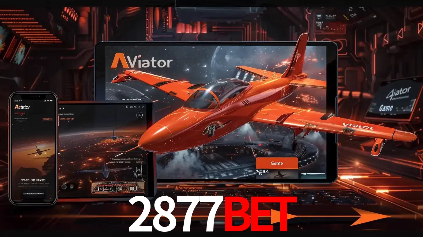 Apresentação tecnológica do jogo Aviator com um avião saindo da tela de um tablet, demonstrando a experiência imersiva em múltiplos dispositivos no 2877BET.