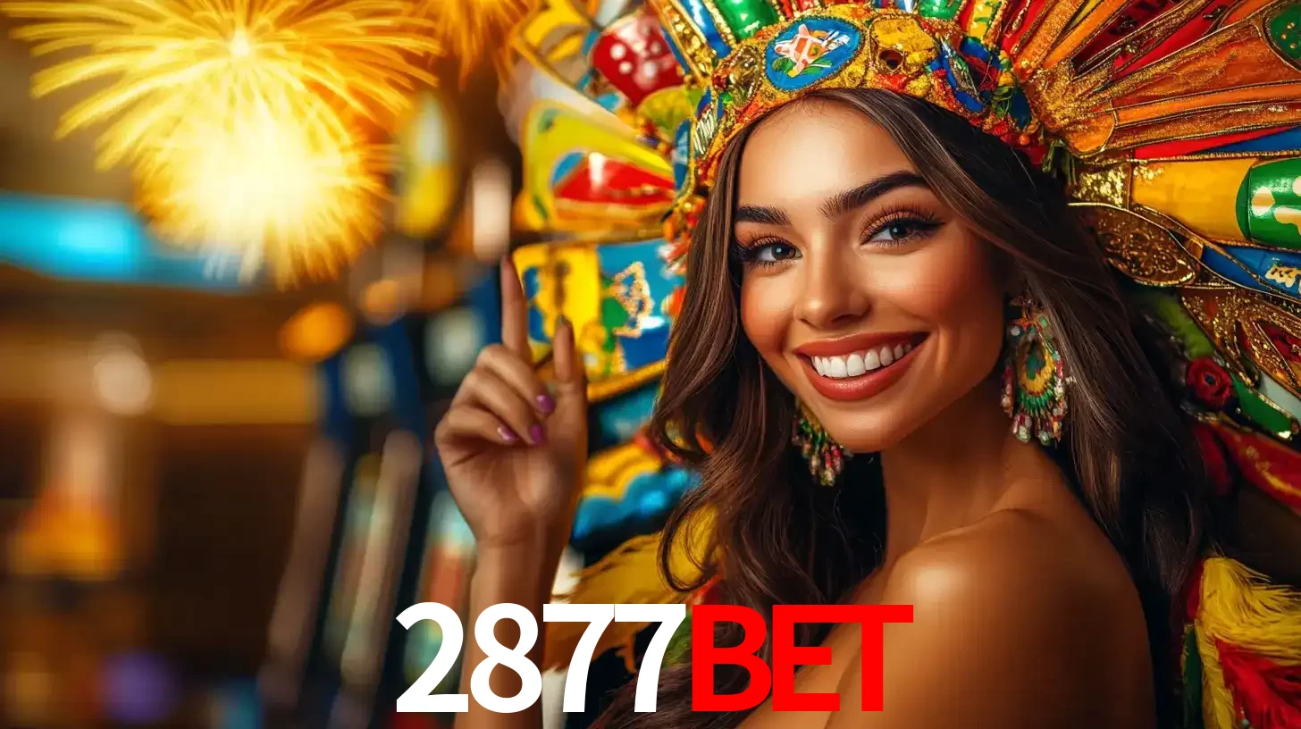 Mulher sorridente com um cocar de carnaval vibrante e colorido, celebrando uma grande vitória nos jogos do cassino 2877BET com fogos de artifício ao fundo.