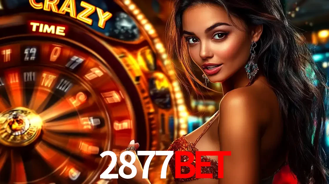 Mulher ao lado da roda de prêmios do jogo de cassino ao vivo Crazy Time, um dos shows de jogos mais emocionantes oferecidos pela plataforma de apostas 2877BET.