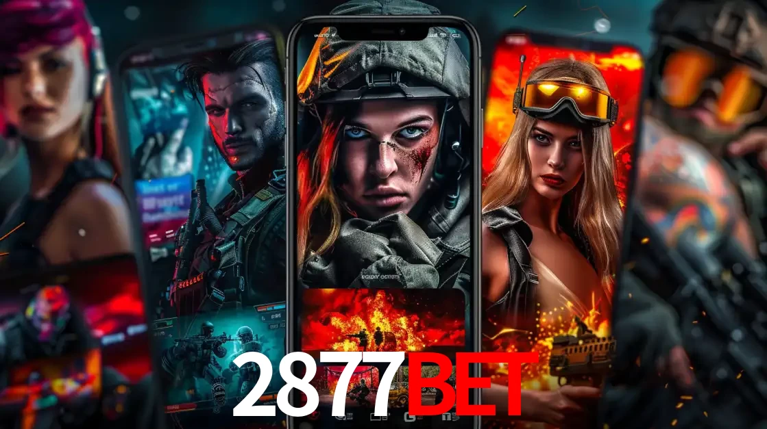 Montagem de telas de celular mostrando diversos personagens, masculinos e femininos, de um jogo de tiro, ilustrando a diversidade de equipes de e-sports para apostar no 2877BET.