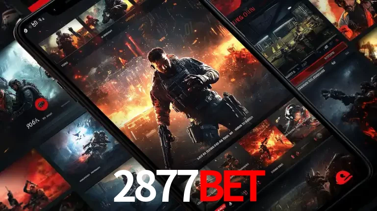 Tela de um celular exibindo uma galeria de jogos de tiro com temática militar, mostrando a variedade de e-sports disponíveis para apostas na plataforma de entretenimento 2877BET.