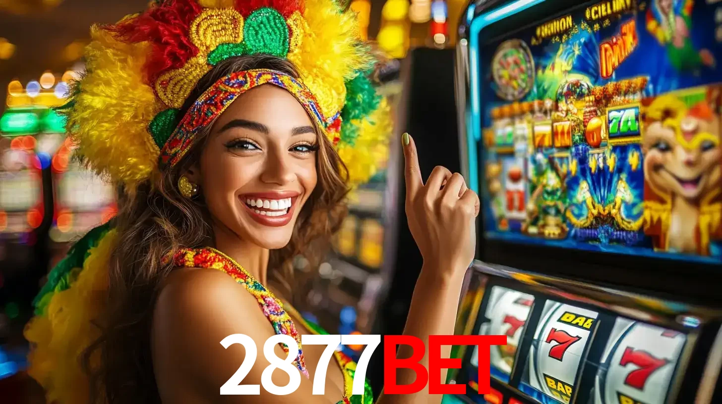 Mulher animada com um cocar de carnaval apontando para uma máquina de caça-níqueis, mostrando a emoção de ganhar um grande prêmio nos jogos do 2877BET.