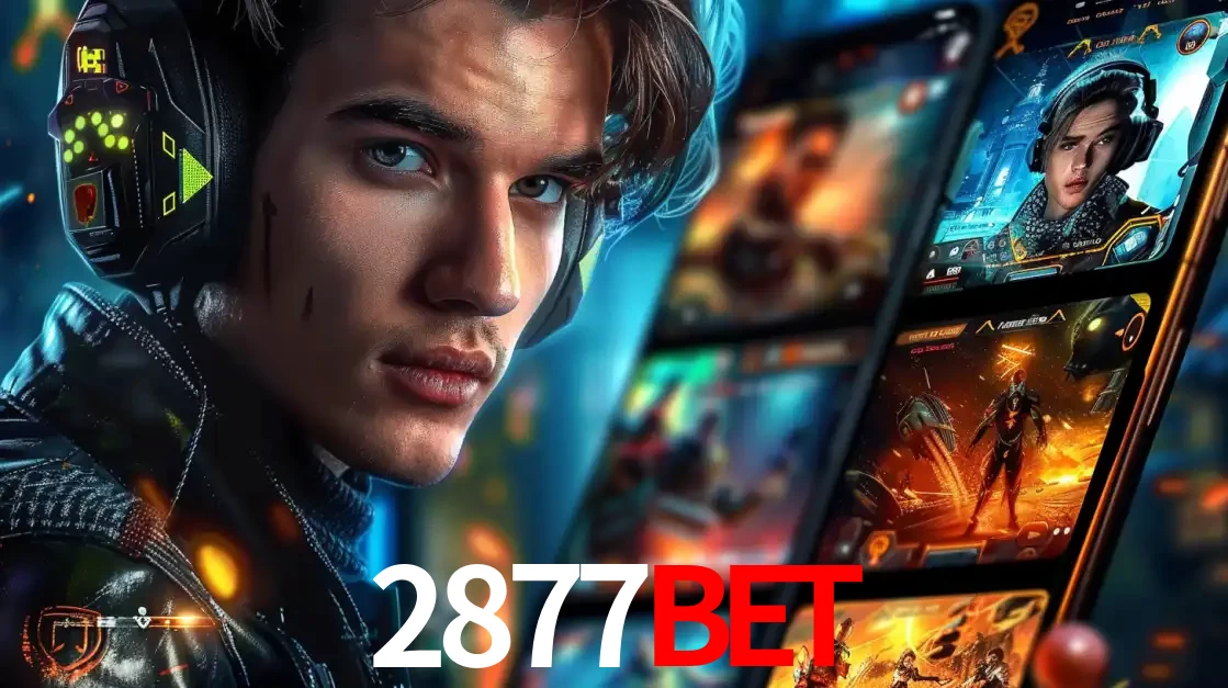 Jovem jogador com fones de ouvido olhando para a câmera, com um aplicativo de jogos e e-sports para celular ao fundo, pronto para a competição e apostas no 2877BET.