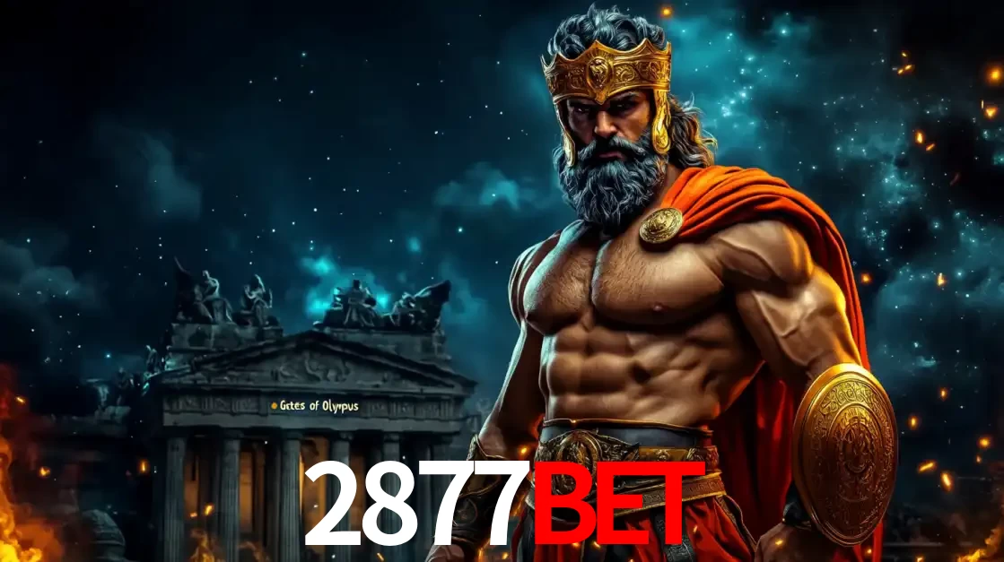 O poderoso Zeus do jogo de slot Gates of Olympus em frente ao seu templo, pronto para lançar multiplicadores divinos e prêmios épicos no cassino online 2877BET.