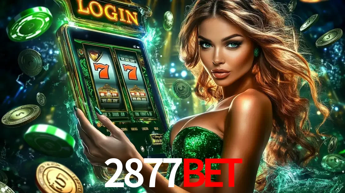 Mulher com tema verde apresentando o aplicativo do cassino 2877BET com um jogo de slot de 777, cercada por fichas de cassino e uma aura de sorte.