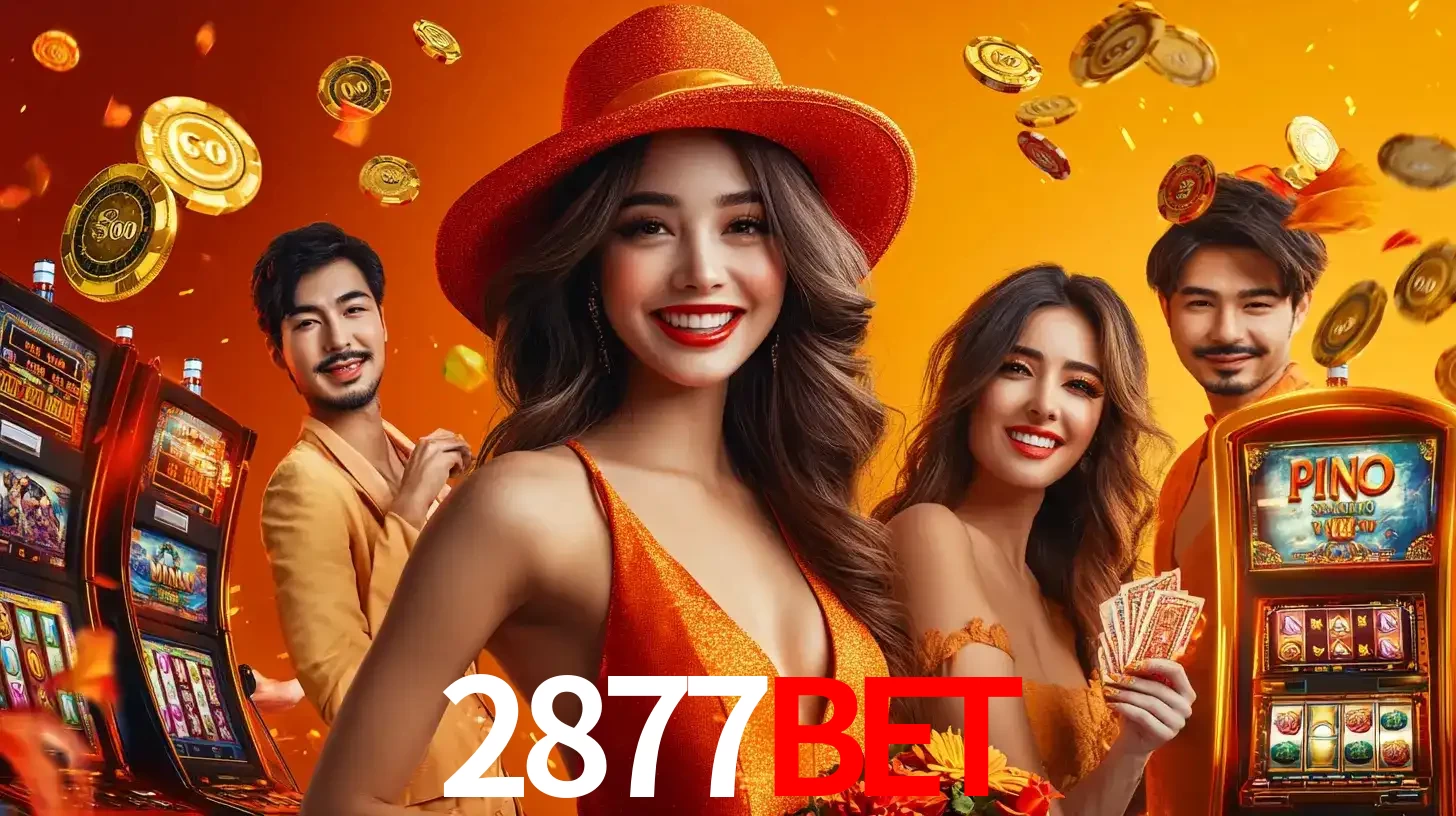 Grupo de amigos asiáticos sorrindo e se divertindo com máquinas de caça-níqueis em um ambiente festivo, celebrando suas vitórias nos jogos de cassino do 2877BET.