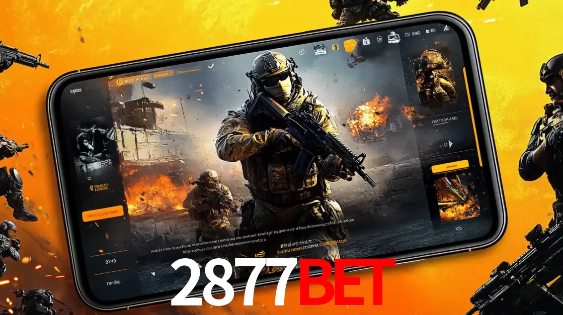 Um smartphone exibindo a interface de um jogo de tiro em primeira pessoa, com um soldado em um cenário de batalha, representando a ação dos e-sports para apostar no 2877BET.