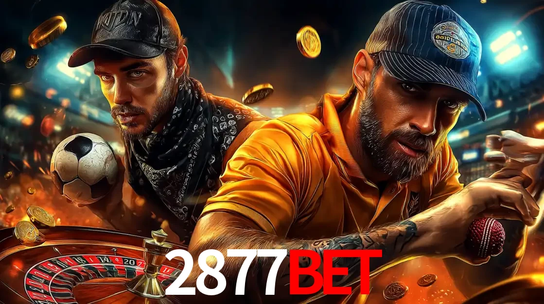 Montagem de apostas esportivas e cassino no 2877BET, com um homem segurando uma bola de futebol e outro uma de beisebol sobre uma roleta e moedas voadoras.