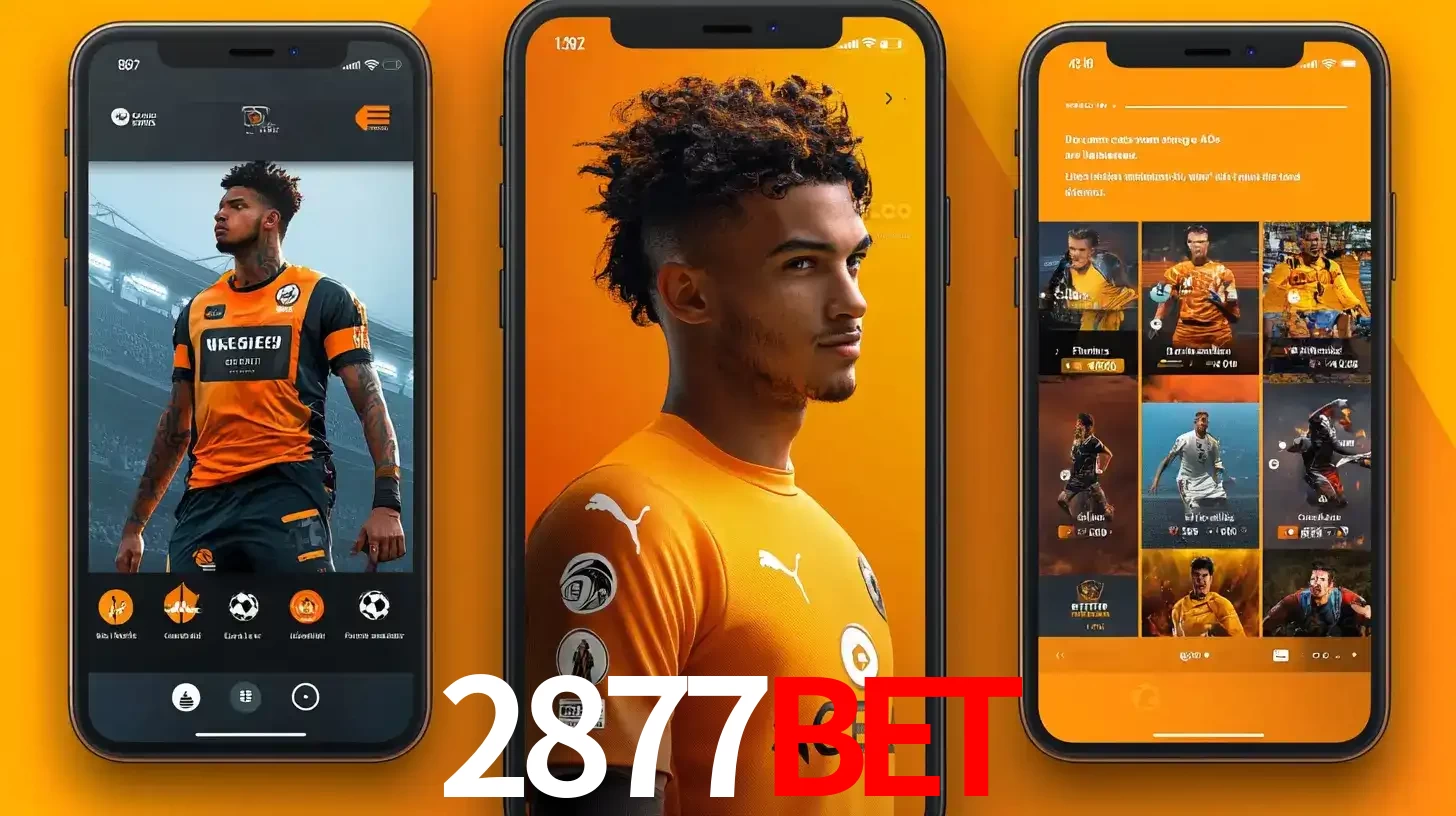 Interface do aplicativo de apostas esportivas 2877BET em três telas de celular, mostrando o perfil de um jogador de futebol e a lista de jogos disponíveis para apostar.