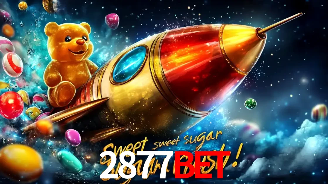 Arte promocional do jogo de slot Sugar Rush, com um urso de pelúcia em um foguete viajando pelo espaço de doces, um dos jogos divertidos disponíveis no cassino 2877BET.