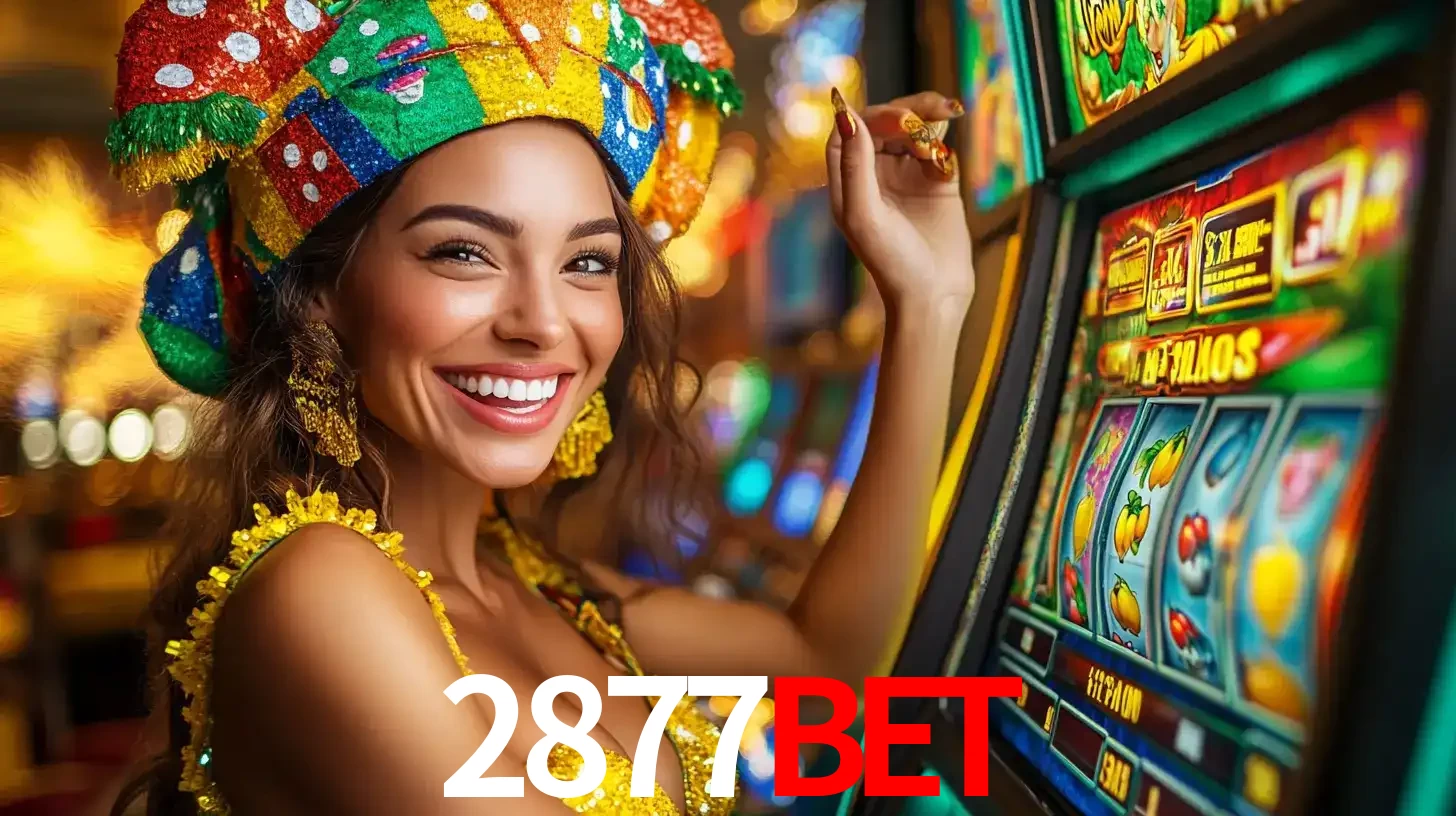 Mulher feliz com traje de carnaval amarelo e colorido ao lado de uma máquina de caça-níqueis, aproveitando a diversão e os jogos temáticos do cassino 2877BET.