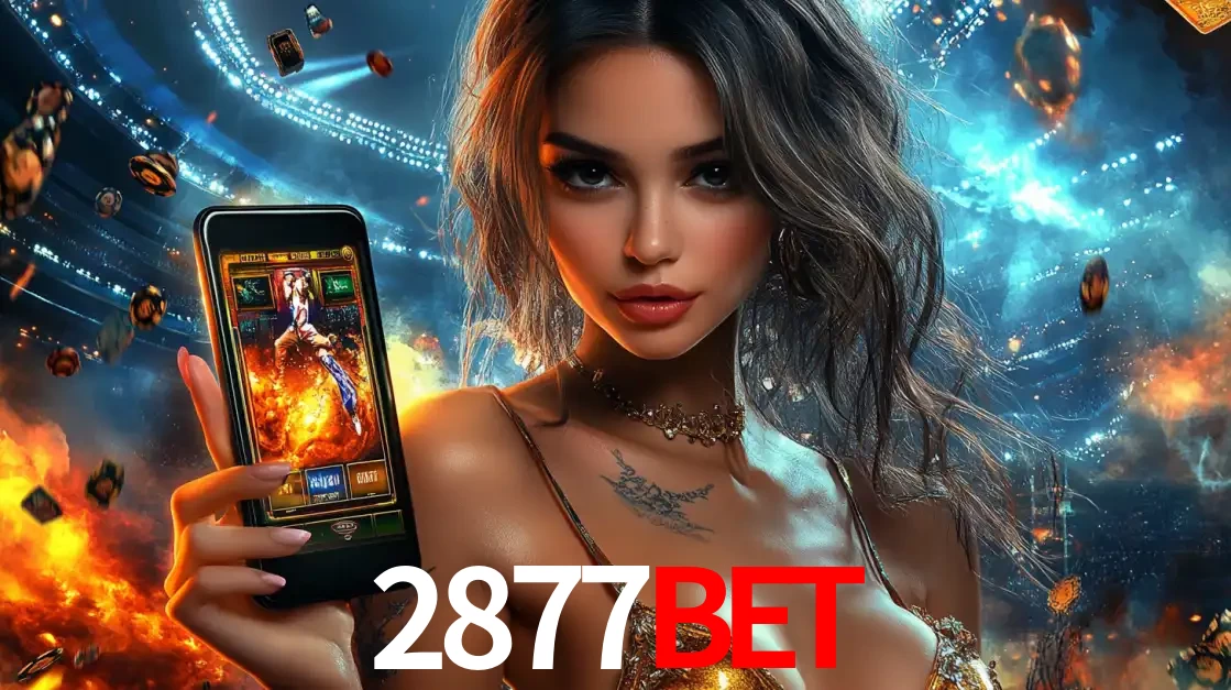 Mulher segurando um celular com um jogo de slot em destaque, tendo como fundo um estádio vibrante, simbolizando a emoção de jogar no cassino móvel 2877BET.