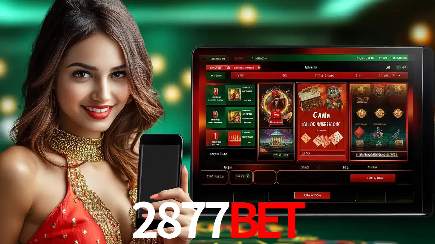 Mulher sorridente segurando um smartphone, ao lado de uma tela exibindo o lobby de jogos do cassino online 2877BET, com várias opções de jogos de cartas e slots.